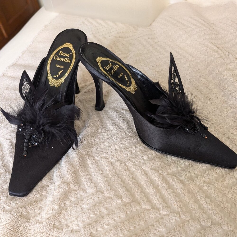 Rene Caovilla black backless heels; size 7